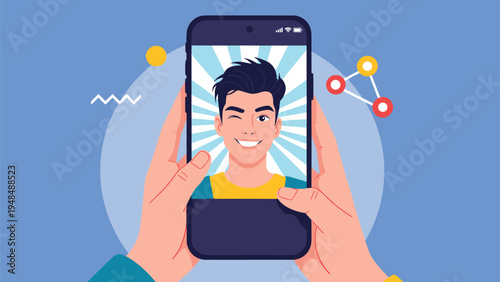 Person holding a smartphone displaying a smiling man taking a selfie portrait with vibrant blue background and graphic shapes.