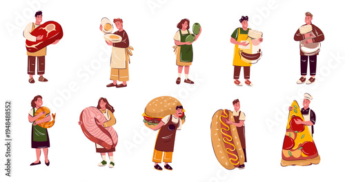 Chefs interacting with huge food items like meat, bread, pizza, shrimp, olives, chocolate, and drinks in flat cartoon style, emphasizing oversized food shapes, vector illustration.
