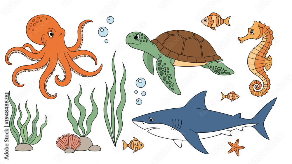 Naklejka premium Cute sea creatures collection featuring shark octopus turtle seahorse and colorful fish among green aquatic plants.