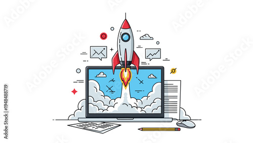 Business startup concept featuring a red rocket ship launching from laptop screen with clouds and data icons.