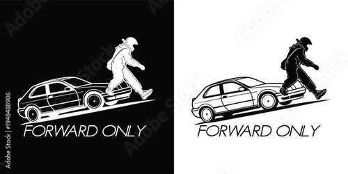 Dynamic black and white vector illustration showing a rally car and helmeted driver moving forward, representing progress and ambition on an uphill path.