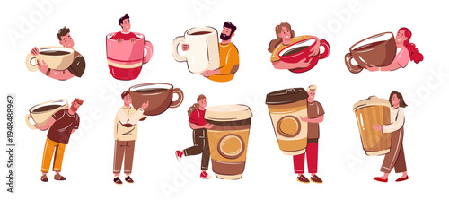 Coffee people cartoon set with oversized coffee cups and takeaway mugs, huge cup vibe and coffee break mood, simple doodle drawn style, vector illustration.