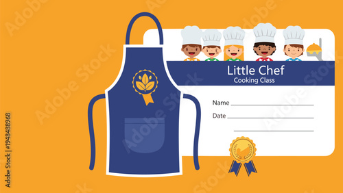 Certificate for little chef cooking class with cute child chef characters blue apron icon and golden prize medal.