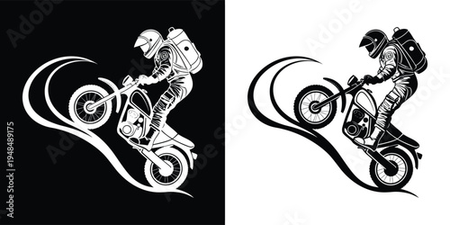 Striking black and white graphic illustration of an adventurous motorcyclist performing an exciting wheelie stunt with tribal accents