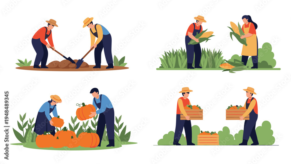 Fototapeta premium Farmers working in fields to harvest various autumn vegetables like pumpkins corn and potatoes for food supply.
