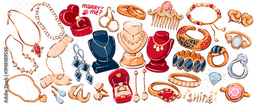 Gold jewelry set with rings, earrings, necklaces, bracelets, pendants, gemstone icons, display busts and proposal box. Gold jewelry elements, cartoon accessories collection. Vector illustration.