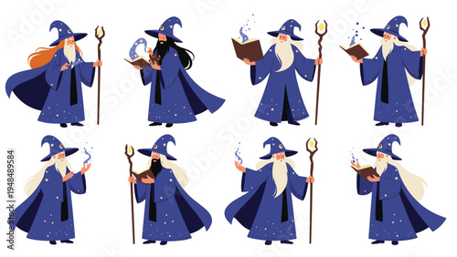 Wizard character in various poses wearing blue star patterned robe and hat with magic staff and spell books.