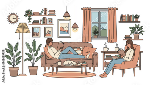 Young couple enjoying a quiet evening at home reading books in a cozy and beautifully decorated living room with plants and cat.