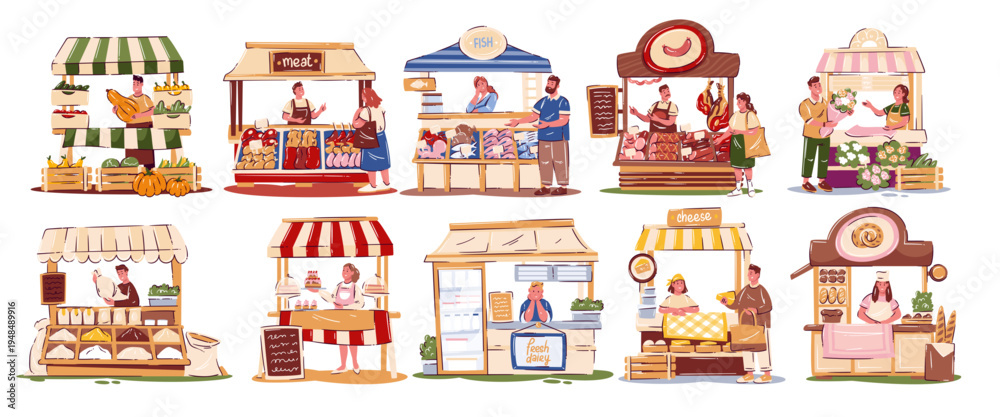 Εκτύπωση καμβά Farmers market stalls set with vegetables, meat, fish, cheese, dairy, pastries and flowers in cartoon doodle style, detailed marketplace scene in one composition, vector illustration