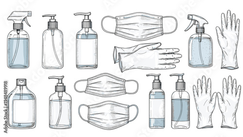 Selection of hygiene products and personal protective equipment including hand sanitizer spray bottles masks and medical grade gloves.