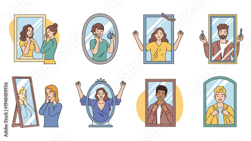 Diverse people admiring themselves and checking their reflection in various shaped wall mirrors showing self confidence and grooming habits.