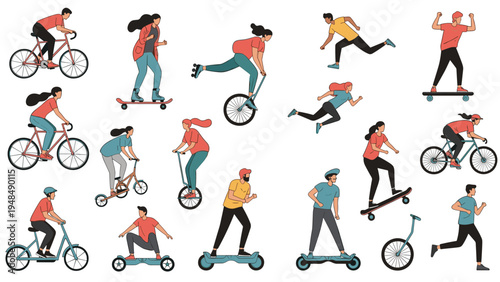 Large collection of diverse people using eco friendly urban transportation like bicycles skateboards unicycles and electric scooters.