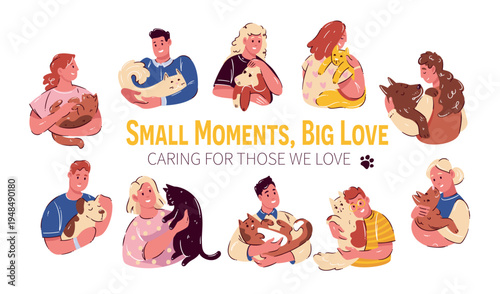 People caring pets set with men and women holding dogs and cats, warm daily moments, emotional bonding, gentle animal care scenes, human pet relationship. Cartoon vector illustration.