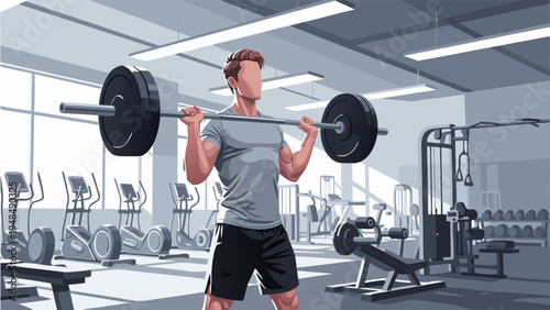 Gym workout vector illustration of a man lifting weights in a fitness center with exercise equipment