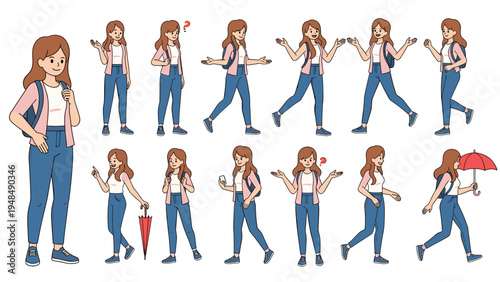 Full body character sheet of a young woman wearing a casual outfit with a backpack in various expressive poses and activities.
