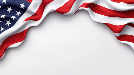 American flag fabric waving across the frame on a clean white background, symbolizing freedom, patriotism, honoring national pride,unity for celebrations. Independence Day,Constitution Day. Copy space