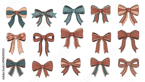 Large set of various decorative ribbon bows in different colors and patterns for gift wrapping and celebratory decorations.