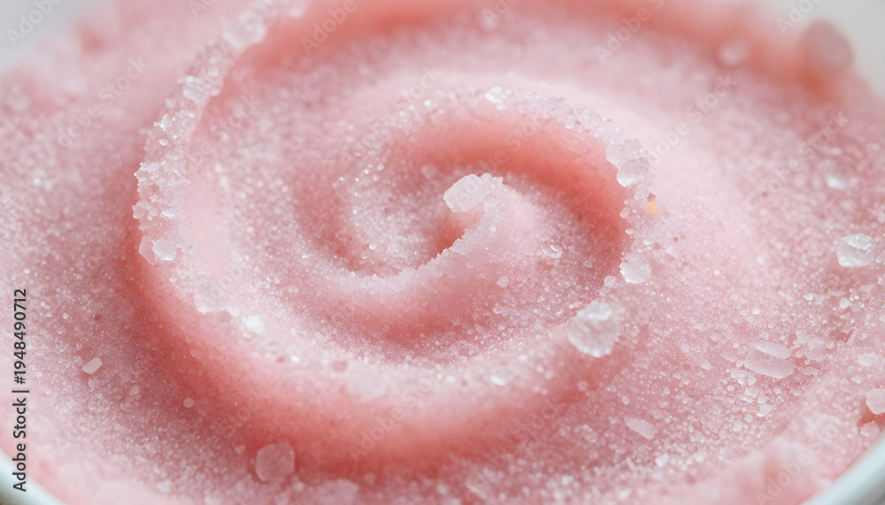 Obraz premium Extreme macro close-up of a soft pink sugar body scrub arranged in a smooth swirling texture, revealing fine exfoliating crystals and creamy consistency. Minimalist beauty composition highlighting ski