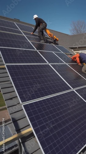 Solar panel installation on roof top.