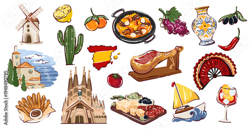 Spain travel icon set with landmarks, food, music and culture symbols: paella, ham, fan, flamenco, guitar, windmill, sailing boat, fruits and ceramics. Spanish themed details, vector illustration.