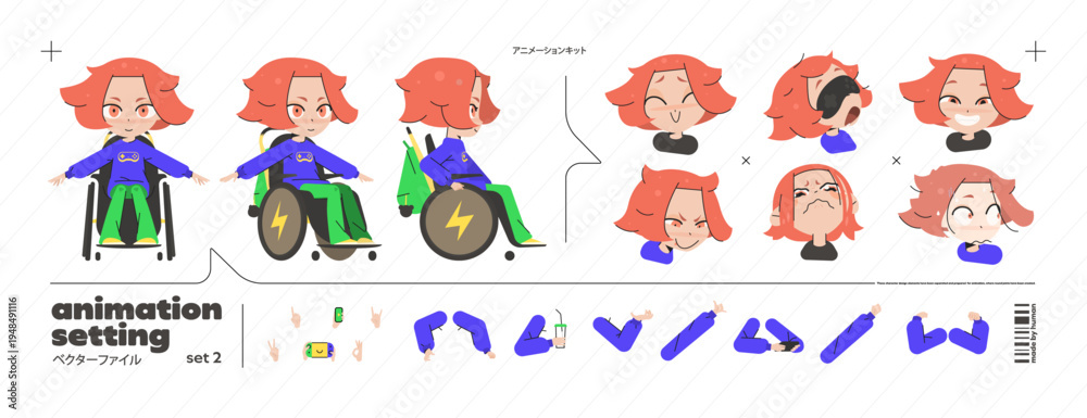 Fototapeta premium Character Kid Student Set for Game Video Animation with Vector Cartoon Girl in Wheelchair. School Front and Side Design with Emotion, Expression, and Online Stream Concept in Flat