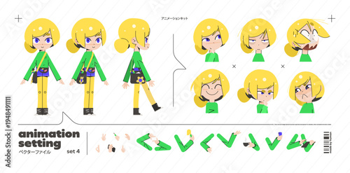 Character Kid Student Set for Artist with Video Animation and Vector Cartoon. Girl in Anime or Artist with School Theme, Front and Side View for Expressive Art and Paint Design