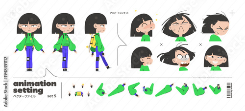 Character Kid Student Set for Animation with Vector Cartoon Girl in Sport or Anime Design. A Young Skater in White School Shirt with Asian Features, Shown From Front and Side View