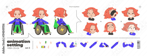 Character Kid Student Set for Game Video Animation with Vector Cartoon Girl in Wheelchair. School Front and Side Design with Emotion, Expression, and Online Stream Concept in Flat