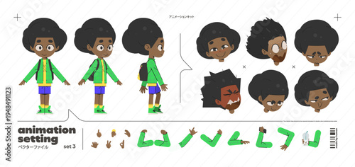 Character Kid Student Set for Animation with Vector Cartoon Boy in Anime Design. Basketball Player in Black Shirt with Front, Side, and Back View for Design, Illustration, and School