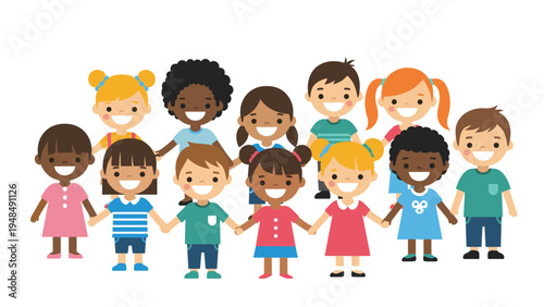 Group of happy children of various ethnicities holding hands together representing peace friendship and world unity.
