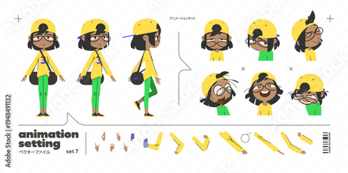 Character Kid  Student Set for Animation with Vector Cartoon Girl in Sport Anime Design. Volleyball Player in Yellow Shirt at School, Front and Asian Side View with Expressive Design