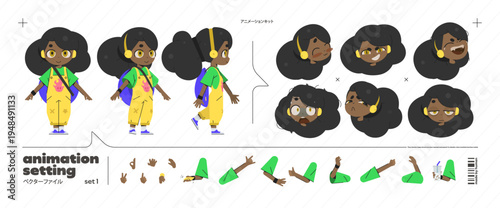 Character Kid Student Set for Animation in Vector Cartoon Design with A Girl Anime Drummer. Young Schoolgirl in A Black Shirt From Front, Side, and Back View with Cute, Stylized Emotion