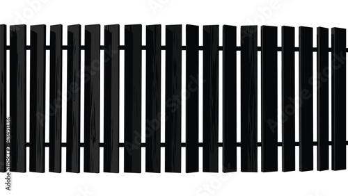 Horizontal section of a classic black wooden garden fence with vertical planks isolated on a white background.