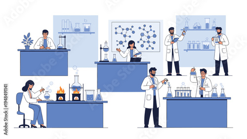 Team of professional scientists conducting experiments and research in a modern laboratory with chemical equipment.