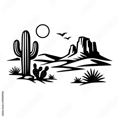An evocative black and white silhouette illustration capturing the timeless beauty of a desert landscape, featuring a prominent Saguaro cactus, delicate prickly pear, and sparse desert flora. Majestic