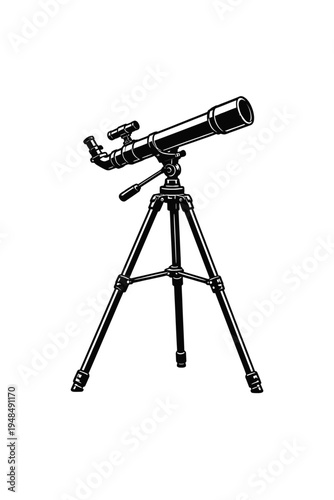 Monochrome illustration of a classic astronomical reflecting telescope on a sturdy tripod, perfect for detailed stargazing, planetary observation, deep-sky exploration, and educational science project