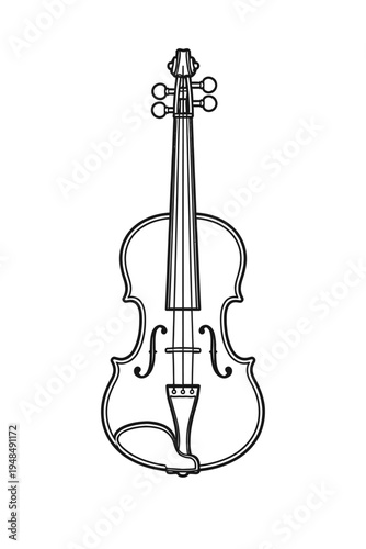 Detailed black outline drawing of a classic violin, a popular stringed musical instrument featuring f-holes, bridge, fingerboard, scroll, and tuning pegs, perfect for music education, instrument illus