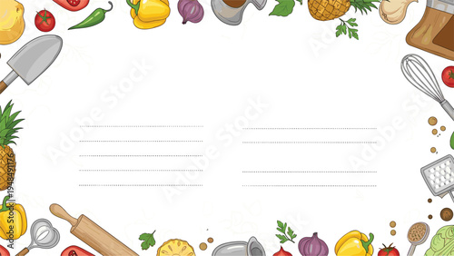 Decorative frame composed of fresh vegetables fruits and essential kitchen cooking tools on a white background.