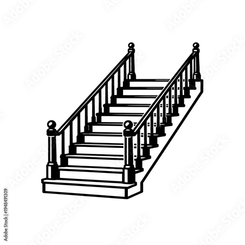Black and white line art vector illustration of classic interior staircase with elegant balusters, sturdy handrails, newel posts. Ideal for architecture, home renovation, building plans, interior deco