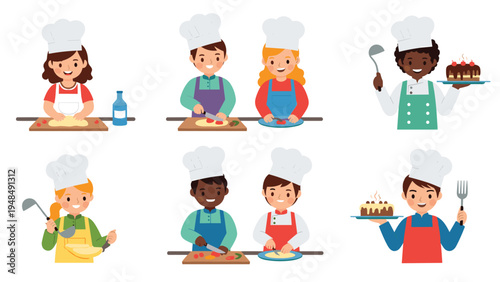 Collection of diverse children wearing chef hats and aprons engaged in various cooking and baking activities together.