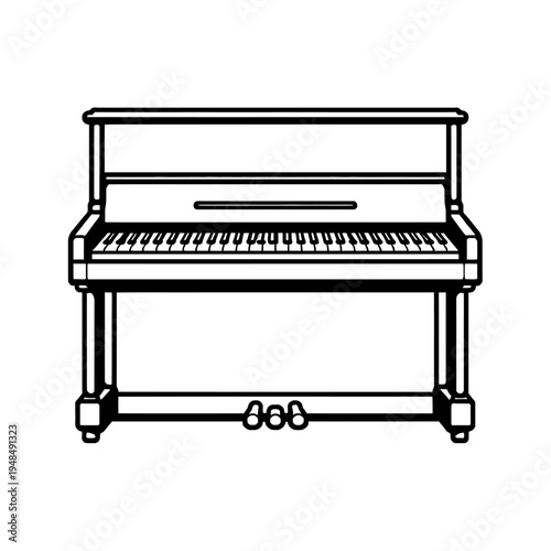 Exquisite black and white outline drawing of a traditional upright acoustic piano, featuring its comprehensive keyboard with distinct black and white keys, and three essential pedals, an ideal visual