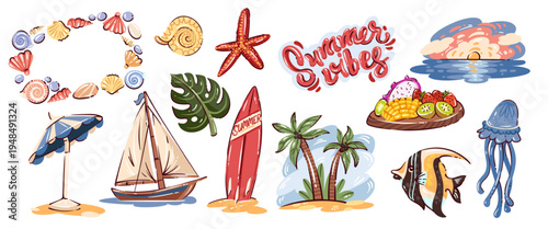 Summer beach vibes icon set with surfboard, sailboat, palm trees, tropical fruit bowl, sunset, starfish and jellyfish for travel branding, stickers and social media. Doodle vector illustration.