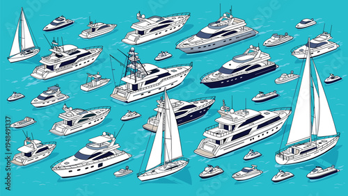 Aerial view of a vast collection of boats including sailboats motorboats yachts and jet skis cruising on turquoise water.