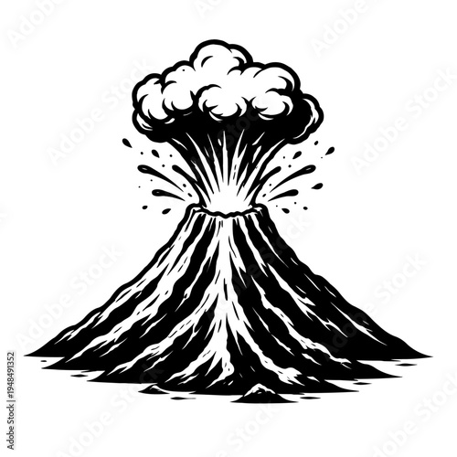 Dynamic black and white illustration of a majestic erupting volcano, showcasing a powerful explosion of smoke, ash, and incandescent lava, rendered in a dramatic vintage woodcut or linocut style. This