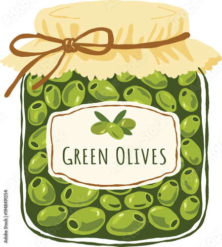 A cozy hand-drawn illustration of a glass jar filled with green olives, covered with fabric and tied with a rustic string for kitchen decor, recipe books, grocery branding, packaging design