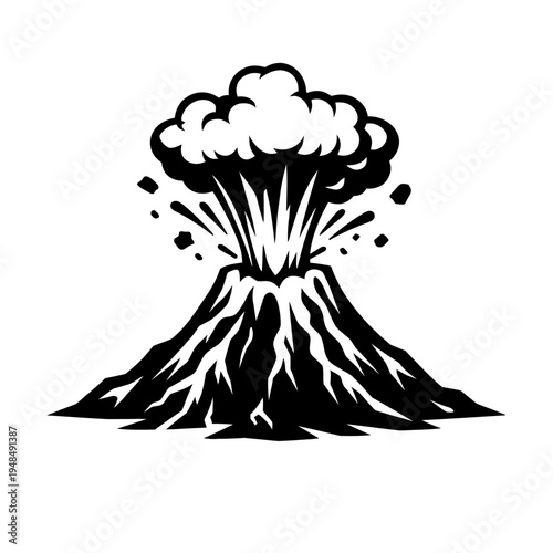 Striking black and white vector illustration depicting a powerful volcanic eruption, showcasing an iconic mountain spewing a massive cloud of ash, smoke, and fiery debris. This dramatic visual represe