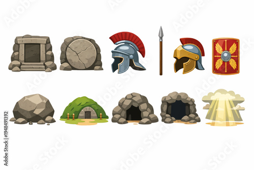 Resurrection Tomb and Roman Soldier Icon Set with Sealed Stone, Spear, Shield and Divine Light