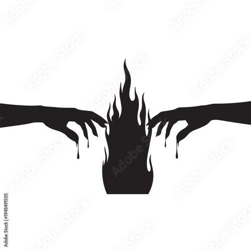 A symbolic illustration of two hands reaching for a flame on a white background