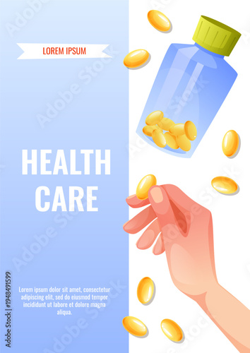 Vitamin Supplement Advertising Banner with Yellow Softgel Capsules and Bottle