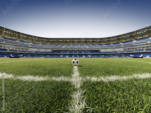 Canvastavla 3D rendering of a modern football stadium with a soccer ball at the center circle, wide-angle perspective of empty blue seats and green grass field
